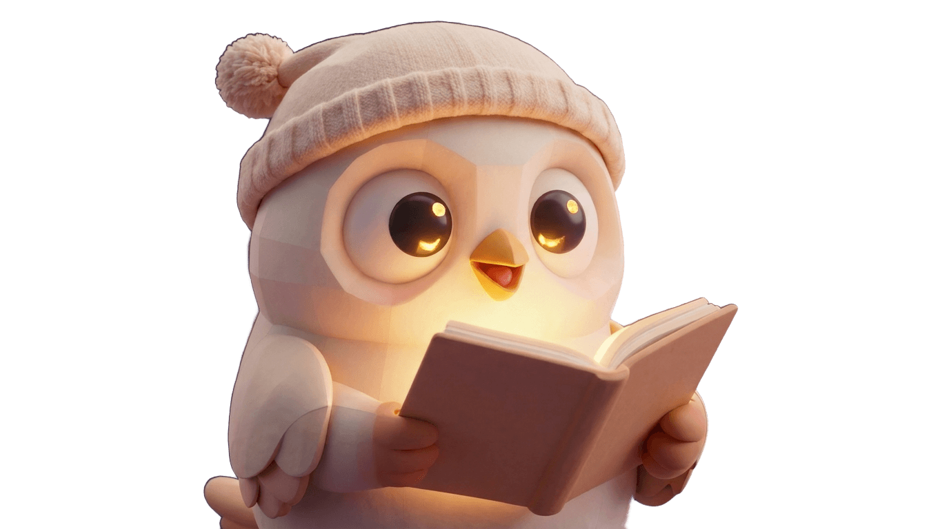 Momo, het slaperige nacht-uiltje, leest een verhaaltje voor uit een gloeiend boek